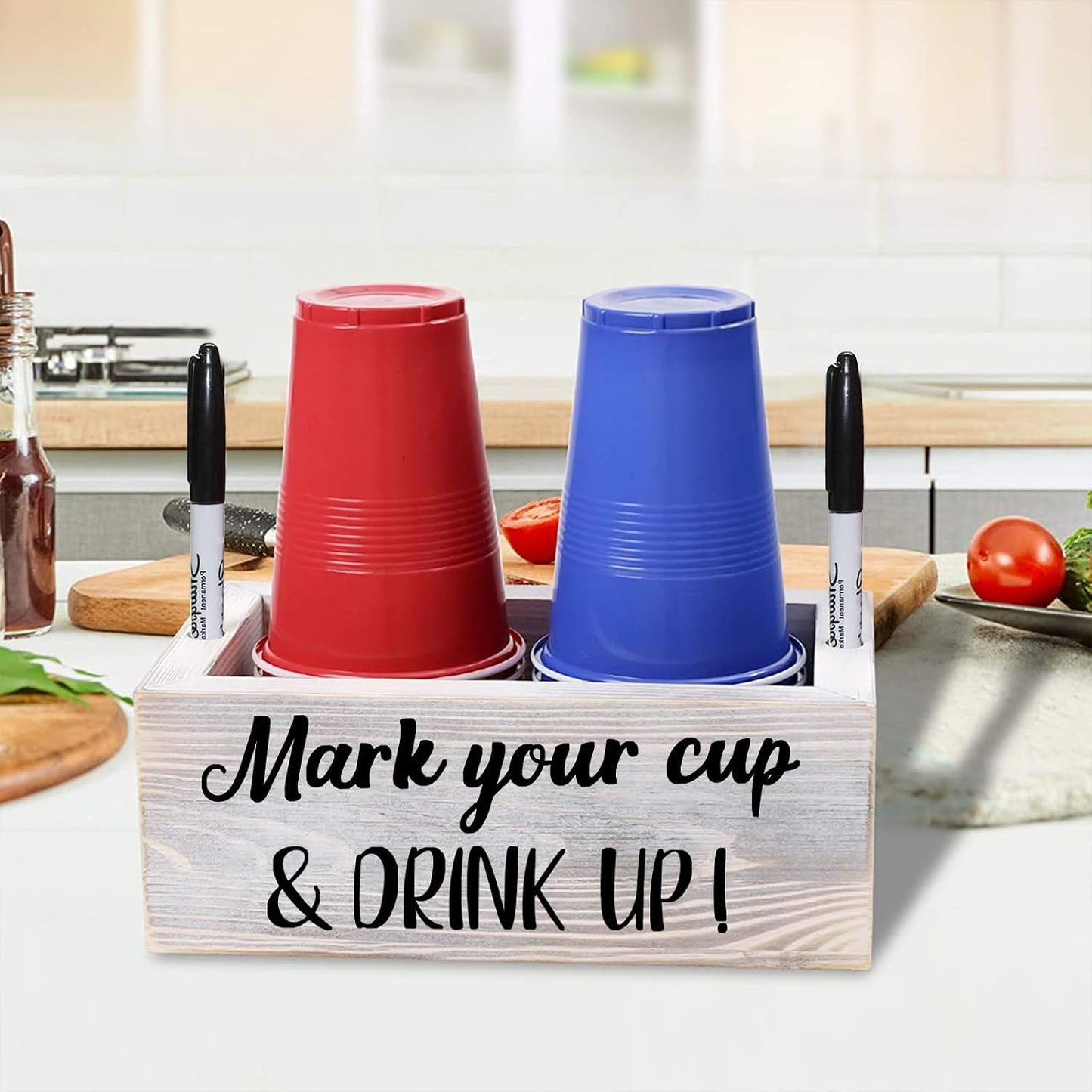 Wooden Cup Holder with Marker Slot, Disposable Plastic Party Cup Organizer for Holiday Gatherings - Hosting Essential to Mark Your Cup & Drink Up, Prevent Mix-Ups, Reduce Waste