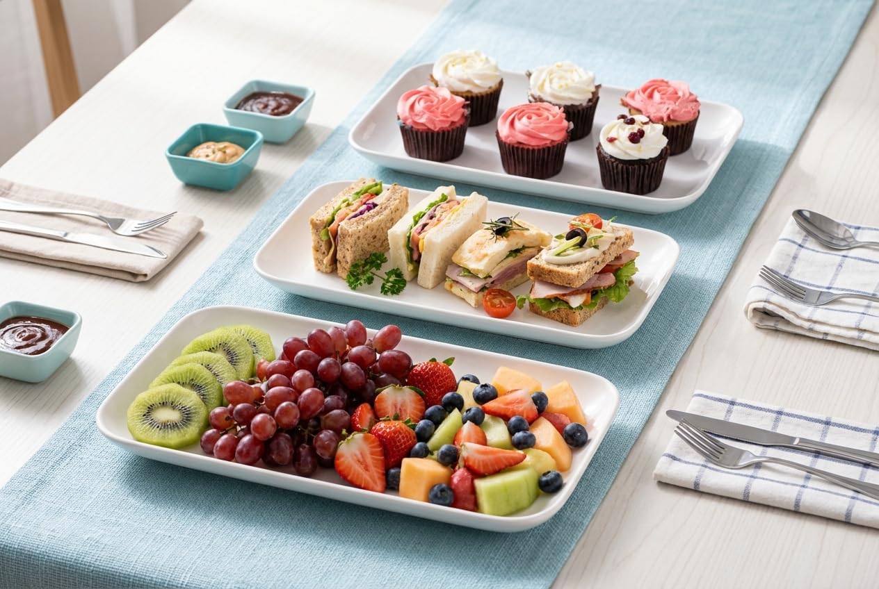 DELLING 16 Inch Large Serving Platter Set of 3, White Porcelain Platters for Serving Food - Rectangular Serving Trays for Party Entertaining, Oven Safe to 590°F, Dinnerware