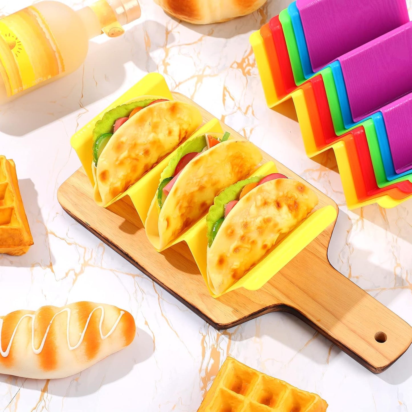 Nuogo 30 Pcs Colorful Taco Holder Stand Bulk Plastic Large Taco Tray Plates Hold 2 or 3 Tacos Each Rack Server Tortilla Holder Hard Sturdy Platter Rack for Party Dishwasher Microwave Safe