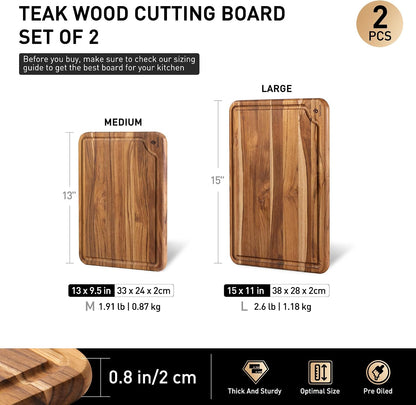 4 Pack Teak Wood Cutting Board Set for Kitchen Heavy Duty Non Toxic Non Slip Solid Thick Wood Haus Chopping Board Extra Large Big Small Meat Best Essential House Warming Hostess Host Gift