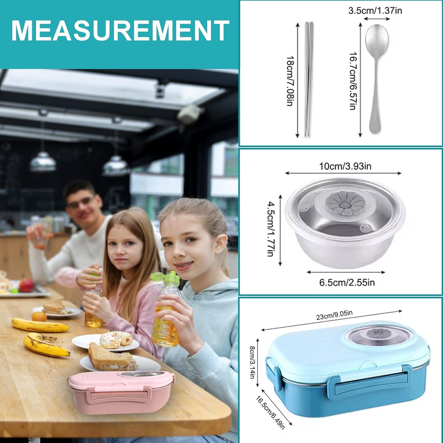 Kids Bento Lunch Box with Bag – Leakproof Stainless Steel Bento Box for School, 3 Compartments, Soup Bowl, Spoon & Chopsticks, Lunchbox Set for Girls & Boys (Blue)
