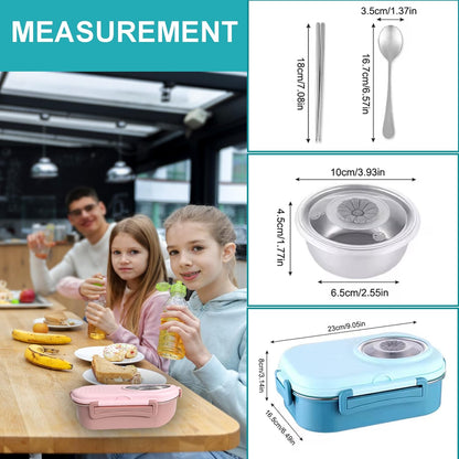 Kids Bento Lunch Box with Bag – Leakproof Stainless Steel Bento Box for School, 3 Compartments, Soup Bowl, Spoon & Chopsticks, Lunchbox Set for Girls & Boys (Blue)