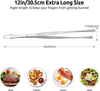 U-Taste 8"+10"+12" Kitchen Cooking Tweezer: 18/8 Stainless Steel Food-Grade Metal Food Tong, Flexible Pinching, Seamless-Welding and Sturdy for Serving Grilling Frying, Plating, Feeding (Pointed Tip)