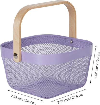 AJIODA Metal Mesh Wire Basket, Large Steel Basket with Wooden Handle Storage Organizer Basket Multi-functional Hanging Kitchen Baskets Fruit Baskets for Kitchen Bathroom Cabinet Pantry Snacks, Black