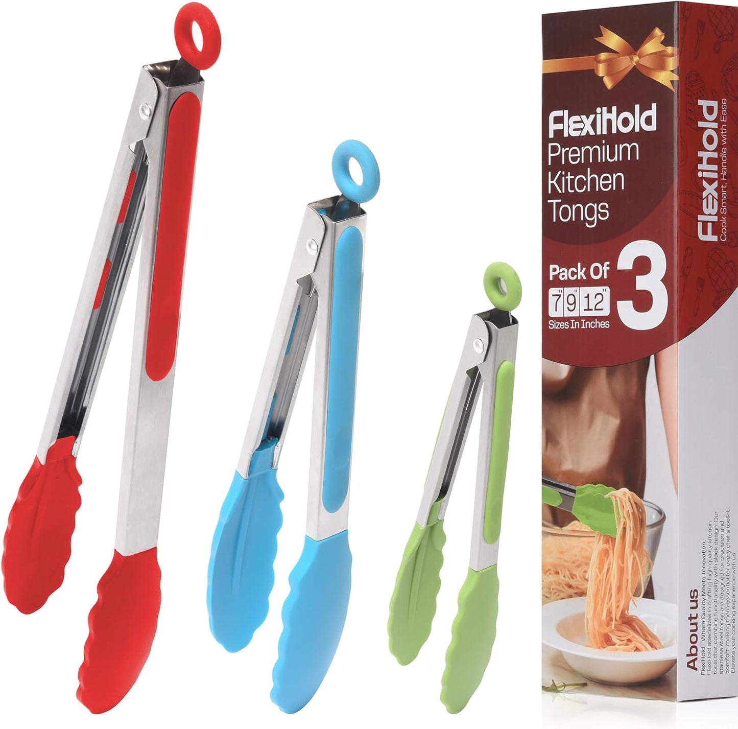 Pack of 3 Stainless Steel Kitchen Tongs with Silicone Tips – Non-Stick Cooking, Grilling & BBQ Tongs for Serving, Dishwasher Safe, 7", 9" & 12", Black