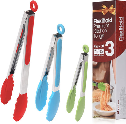 Pack of 3 Stainless Steel Kitchen Tongs with Silicone Tips – Non-Stick Cooking, Grilling & BBQ Tongs for Serving, Dishwasher Safe, 7", 9" & 12", Black