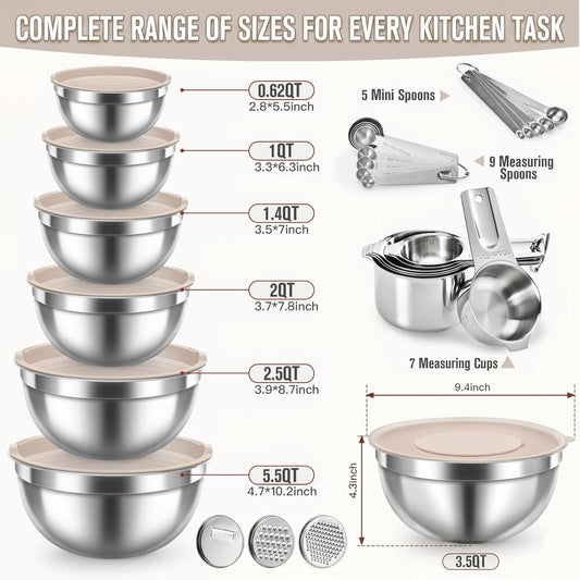 31PCS Mixing Bowls with Lids Set, 5.5QT to 0.6QT Stainless Steel Nesting Bowls with Graters, Large Khaki Bowls & 21 Measuring Cups and Spoons Set Kitchen Appliances for Mixing, Baking, Food Storage