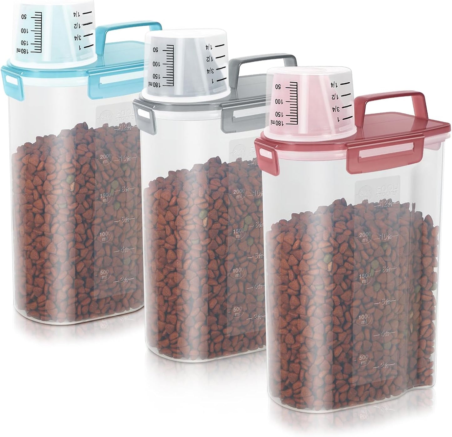 LEAWALK 3-5Lbs Airtight Small Cat Dog Pet Food Storage Containers BPA Free, with Large Pour Spout/1 Measuring Cup/ 4 Safety Locks and Double-layer Silicone Strip (Clear Black 2Pack)