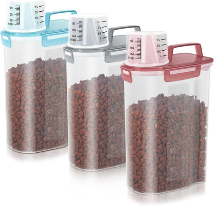 LEAWALK Airtight Small Cat Dog Pet Food Storage Containers BPA Free, with Large Pour Spout/1 Measuring Cup/ 4 Safety Locks and Double-layer Silicone Strip (Olive Gray x 2, 3L-2pack)