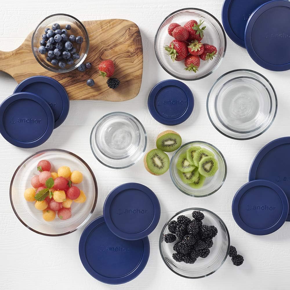 Anchor Hocking 12 Piece Glass Storage Containers with Lids (6 Glass Food Storage Containers & 6 Navy Blue SnugFit Lids)