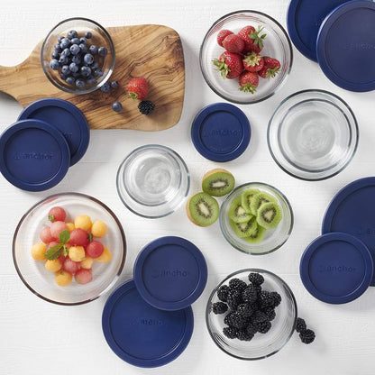 Anchor Hocking 12 Piece Glass Storage Containers with Lids (6 Glass Food Storage Containers & 6 Navy Blue SnugFit Lids)