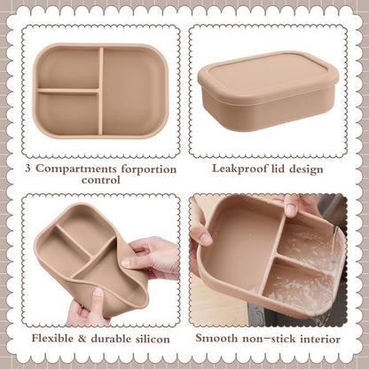 Honeydak 6 Pcs Silicone Bento Box Reusable Silicone Bento Lunch Container for Adults Microwave Dishwasher Freezer Safe 3 Compartment (Light Colors)