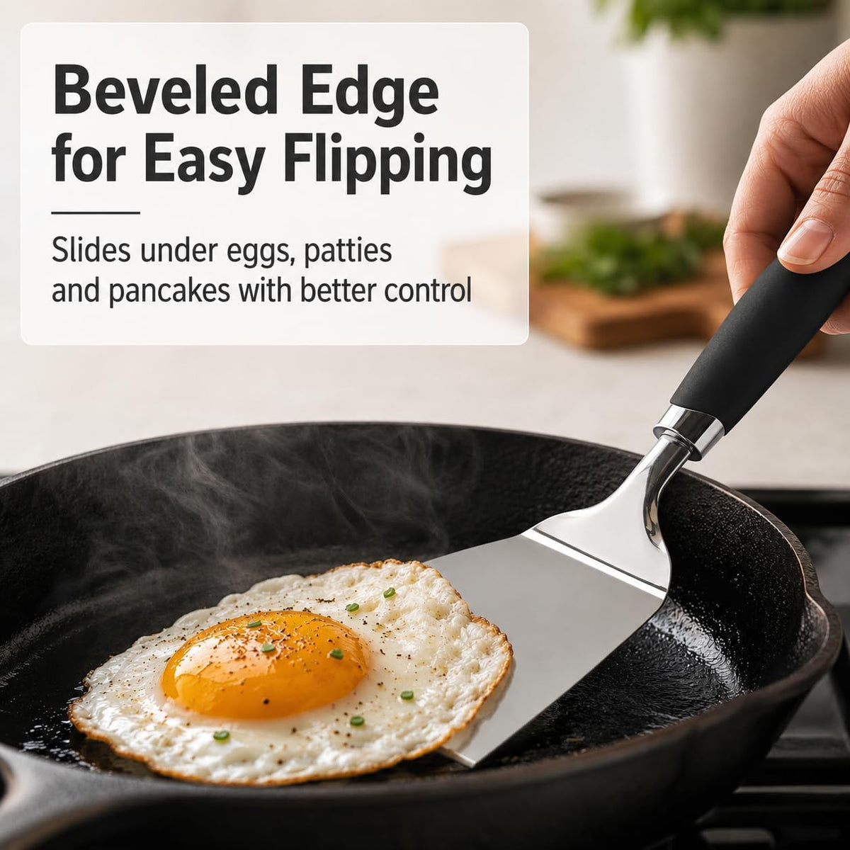 304 Stainless Steel Fish Spatula, Thin Flexible Slotted Turner | Non-Slip Ergonomic Handle, Metal Spatula for Fish, Eggs, Burgers, Cast Iron & Griddle, Black