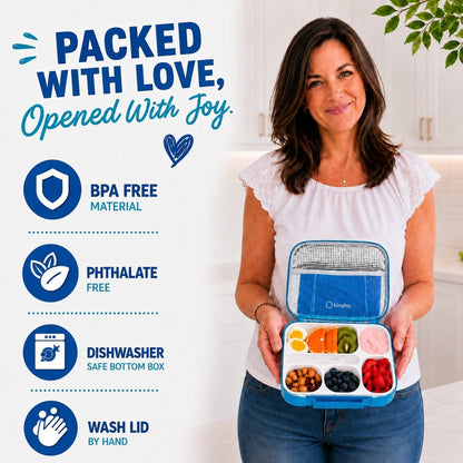 kinsho Lunch Box for Kids Boys Girls - Bento Box Set with Insulated Bag and Ice Pack, 6 Compartment Leak Proof Food Container, BPA-Free, Microwave Safe, Ideal for School & Work, Teal