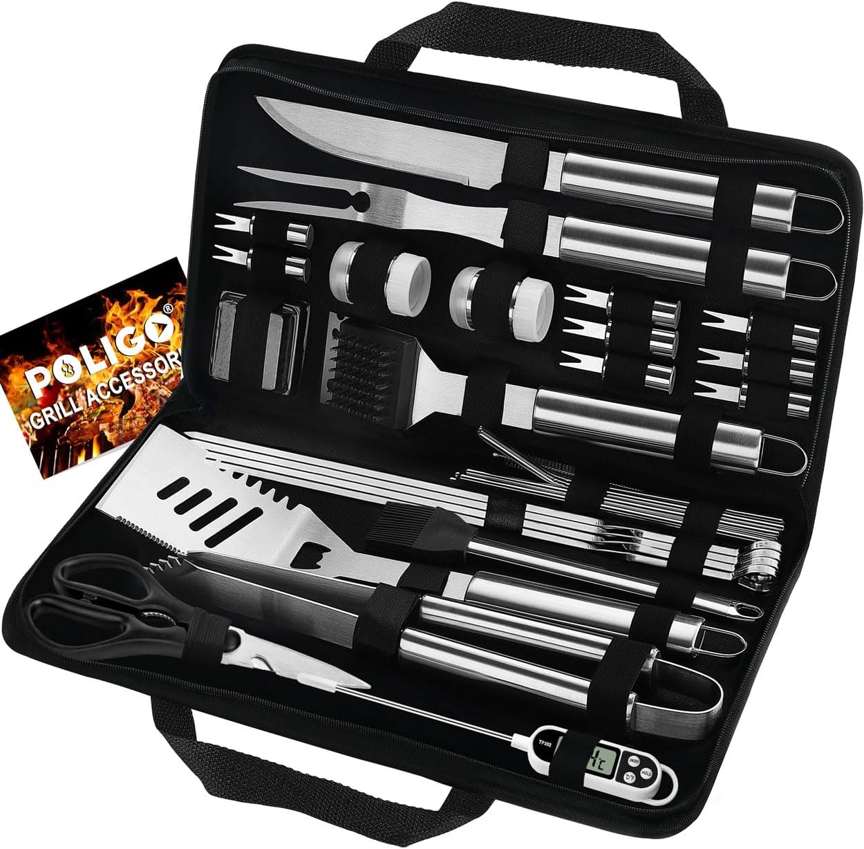 POLIGO 29 PCS BBQ Grill Accessories Stainless Steel BBQ Tools Grilling Tools Set with Storage Bag for Fathers Day Dads Birthday Presents - Camping Grill Utensils Set Ideal Grilling Gifts for Men Brown