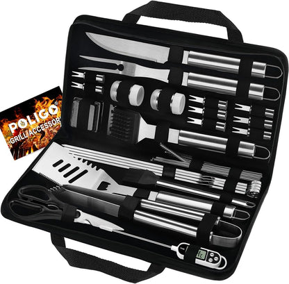 POLIGO 29 PCS BBQ Grill Accessories Stainless Steel BBQ Tools Grilling Tools Set with Storage Bag for Fathers Day Dads Birthday Presents - Camping Grill Utensils Set Ideal Grilling Gifts for Men Brown