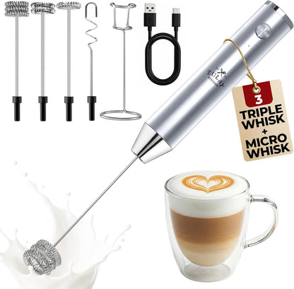 Zulay Kitchen Rechargeable Milk Frother Handheld - Frother Wand, Drink Mixer, Electric Whisk Frother, for Cappuccinos, Matcha & Protein Powder - Dynamic 3 Whisk, 3 Speed 500mAh Black - Colors A