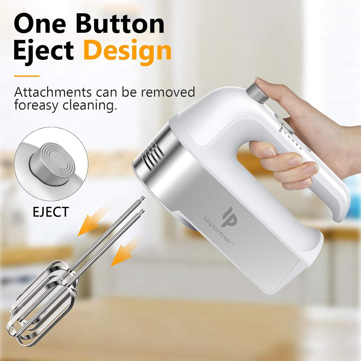 Hand Mixer Electric, 450W Kitchen Mixers with Scale Cup Storage Case, Turbo Boost/Self-Control Speed + 5 Speed + Eject Button + 5 Stainless Steel Accessories, For Easy Whipping Dough, Cream, Black