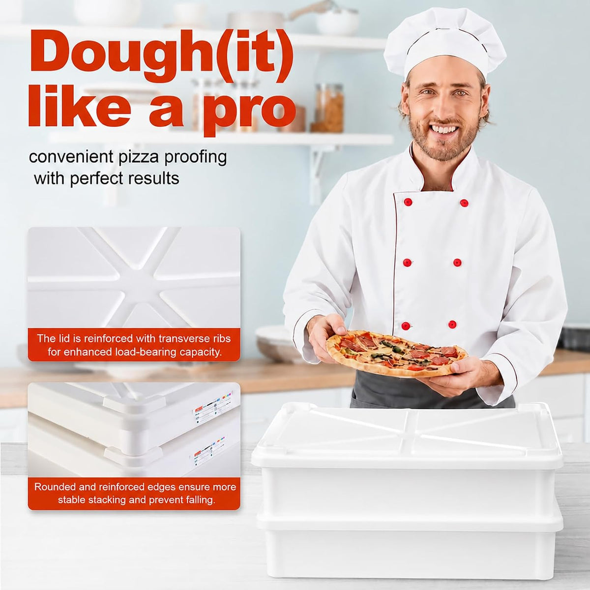 2 Pack Large Pizza Dough Proofing Boxes with Lids, Commercial Grade BPA-Free Proofing Containers, Fits Up to 10 Dough Balls, Stackable Dough Trays with FIFO Label Area & 2 Dry-Erase Markers