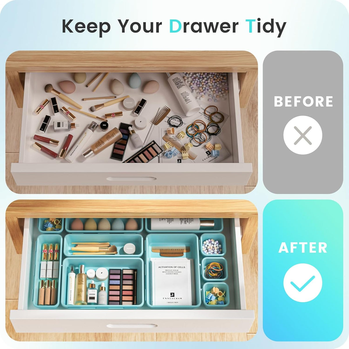 A-LuGei 【Military Grade】 Drawer Organizer,【𝟱𝗦𝗶𝘇𝗲】 Makeup organizer,【Holds 177 Items】 Bathroom Organizers and Storage,Organization and Storage,Desk Drawer Organizer for Vanity【Clear】