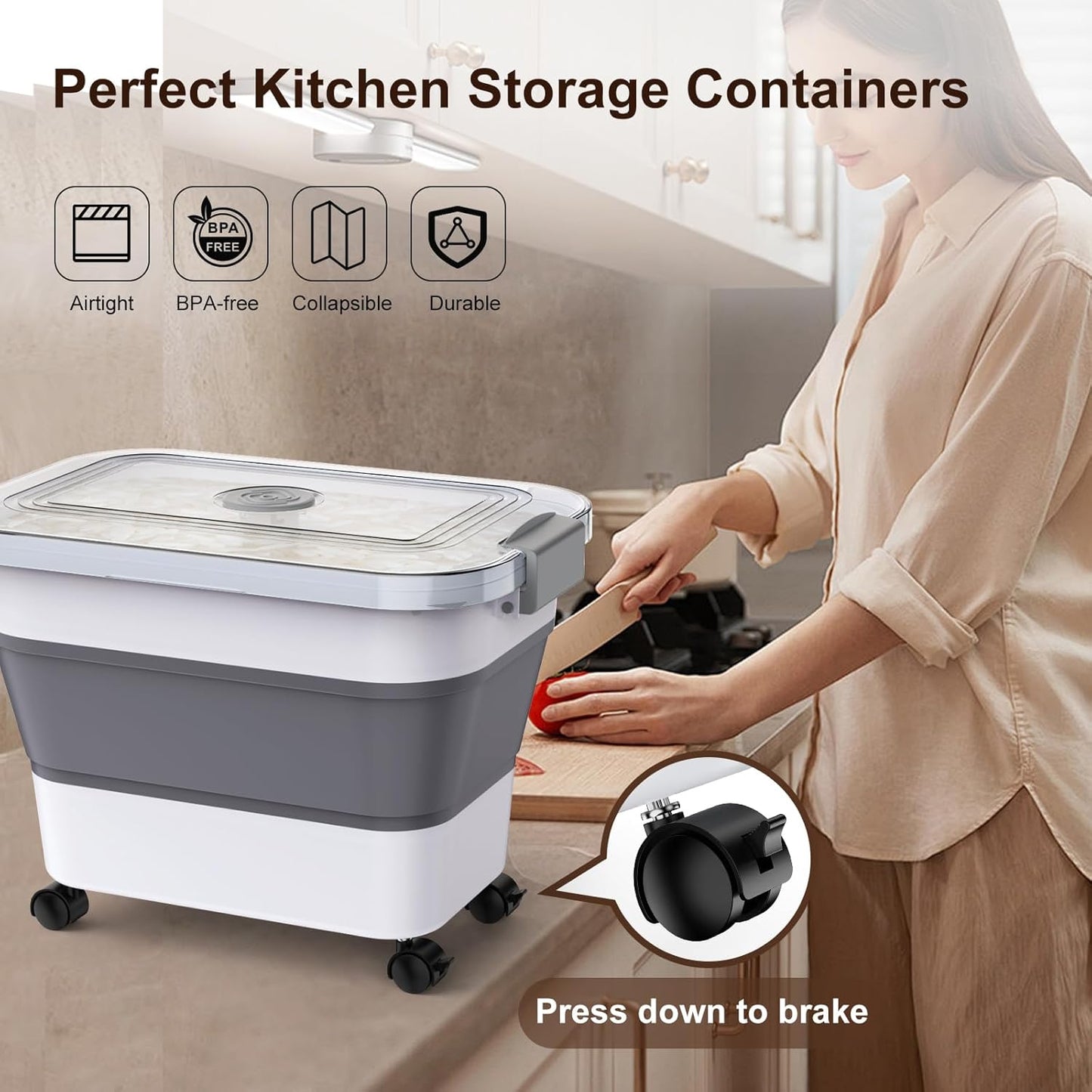 Komzon Rice Storage Container, Collapsible Airtight 10-40 Lb Rice Storage Container, 25lb Pet Dog Food Storage Container, Rice Dispenser Bin with Cup and Scoop for Flour Cereal Pasta Grain, Cat Bird