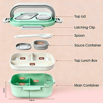 PEDECO All-in-one Bento Lunch Box Set for Adults & Kids with Insulated Bag, Leakproof 3-Compartment and 2-Tier Stackable Container with Portable Sauce Pod, Microwave/Dishwasher Safe, BPA-Free (White)