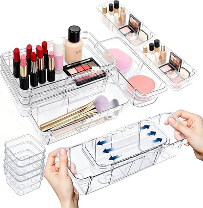 15-Piece Expandable Drawer Organizer Set, Clear 2-Size Bins | 15-piece set, clear expandable bins, 2 sizes, for makeup, vanity, desk and kitchen drawers