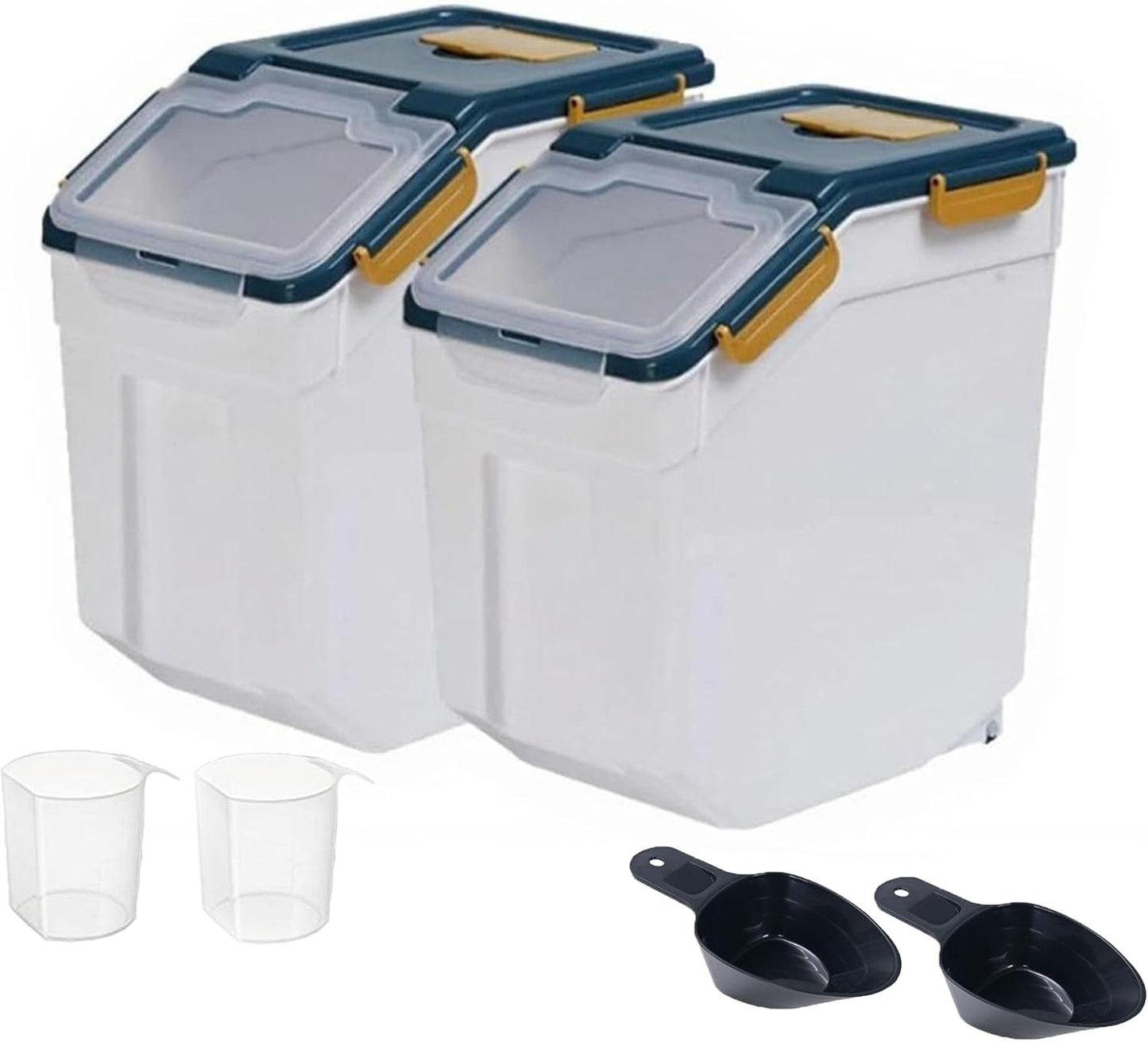 RUIAN 2Pcs Large Flour Storage Container Bin 50Lb Airtight Rice Storage Containers with Wheels Seal Locking Lid, BPA Free with Measuring Cup&Scoop for Flour, Rice, Grain 100LBS Total (Blue)