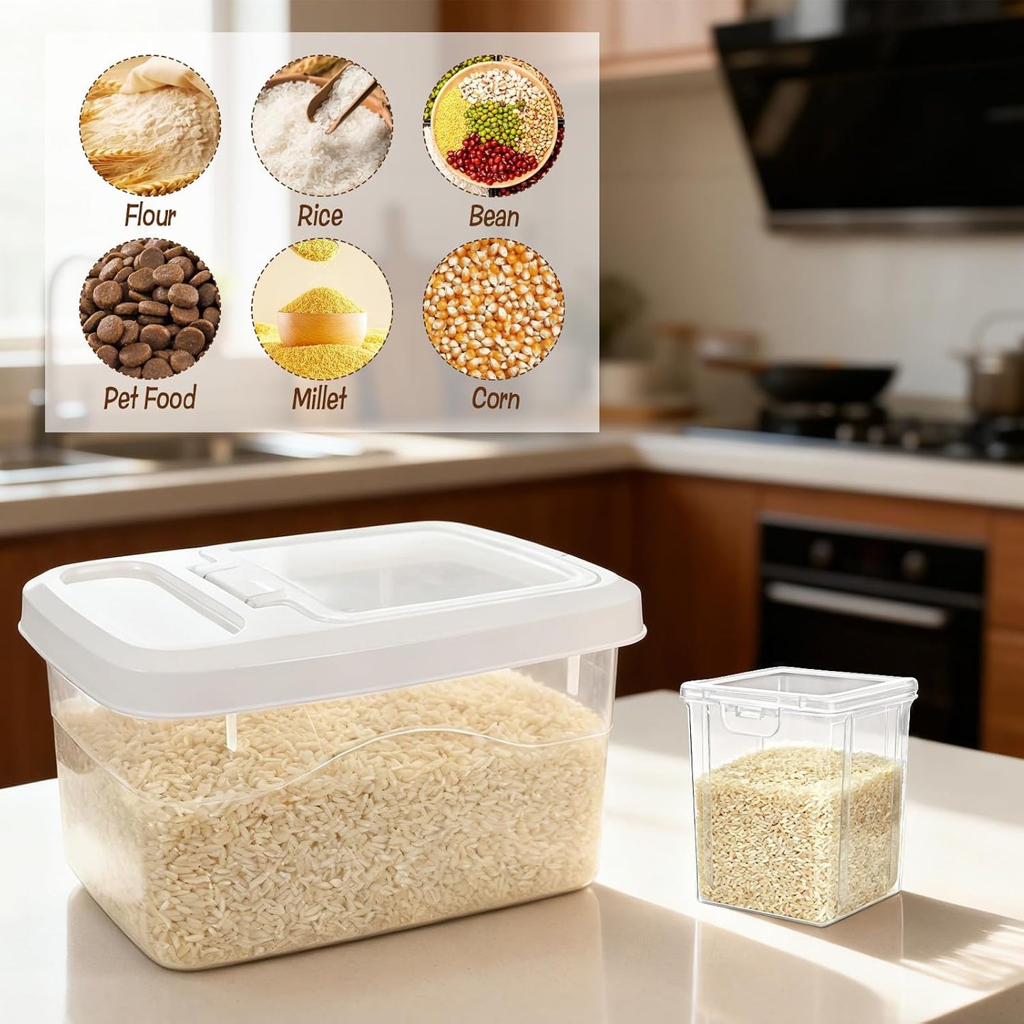 16lb Rice Storage Container and 3lb Storage Bin Set, Rice Container Airtight Grain Dispenser Kitchen Pantry Organizer Pet Dog Cat Food Container for Dry Food Cereal Grain