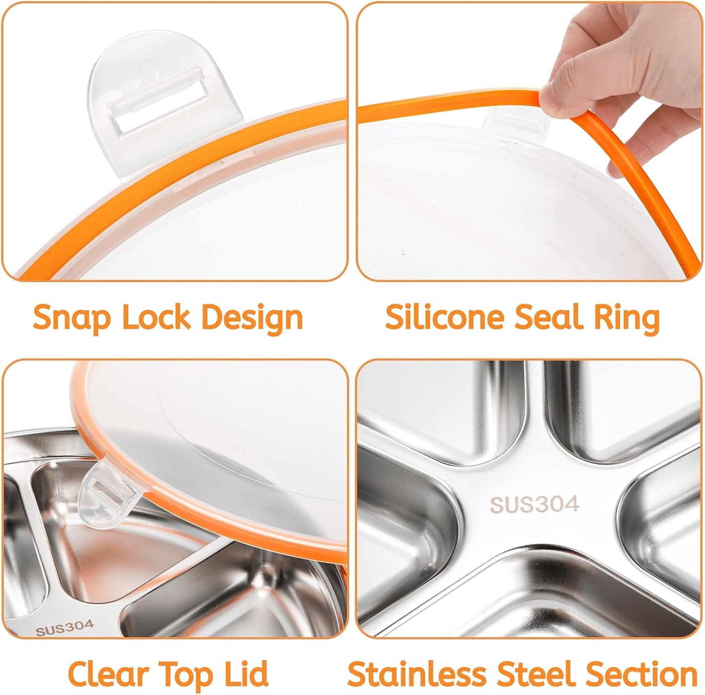 Youeon 2 Pack Stainless Steel Divided Serving Tray with Lid, 5 Compartments Round Veggie Tray Snack Box, Reusable Sectioned Food Storage Container for Meal Prep, Party, Entertaining