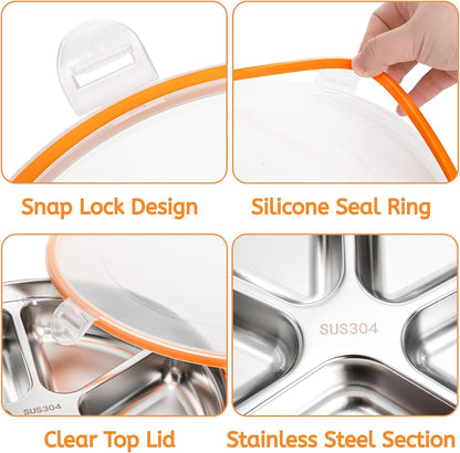 Youeon 2 Pack Stainless Steel Divided Serving Tray with Lid, 5 Compartments Round Veggie Tray Snack Box, Reusable Sectioned Food Storage Container for Meal Prep, Party, Entertaining