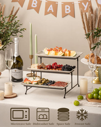 LAUCHUH 3 Tier Serving Tray, Porcelain Serving Platter Tier Serving Stand with Collapsible Sturdier Rack, Serving Trays and Platters Dessert Party Display Set for Father's Day, Gold, 12 Inch