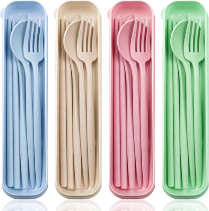 ELANE 4 Sets Reusable Travel Utensils Set with Case,Camping Cutlery Set Reusable Cutlery Set with Case,Utensil Sets for Lunch Picnic Daily Use Outdoor