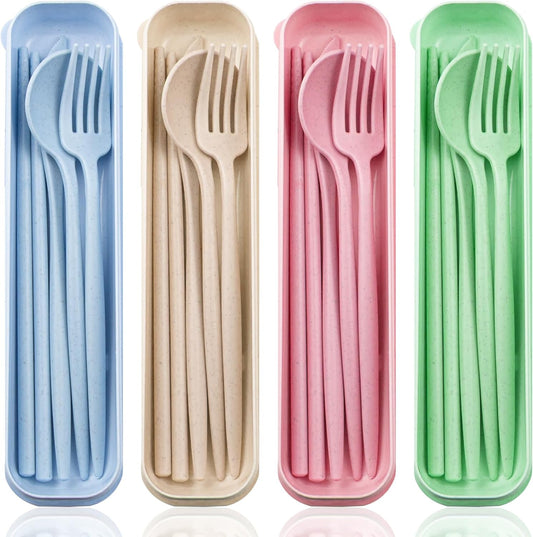 ELANE 4 Sets Reusable Travel Utensils Set with Case,Camping Cutlery Set Reusable Cutlery Set with Case,Utensil Sets for Lunch Picnic Daily Use Outdoor