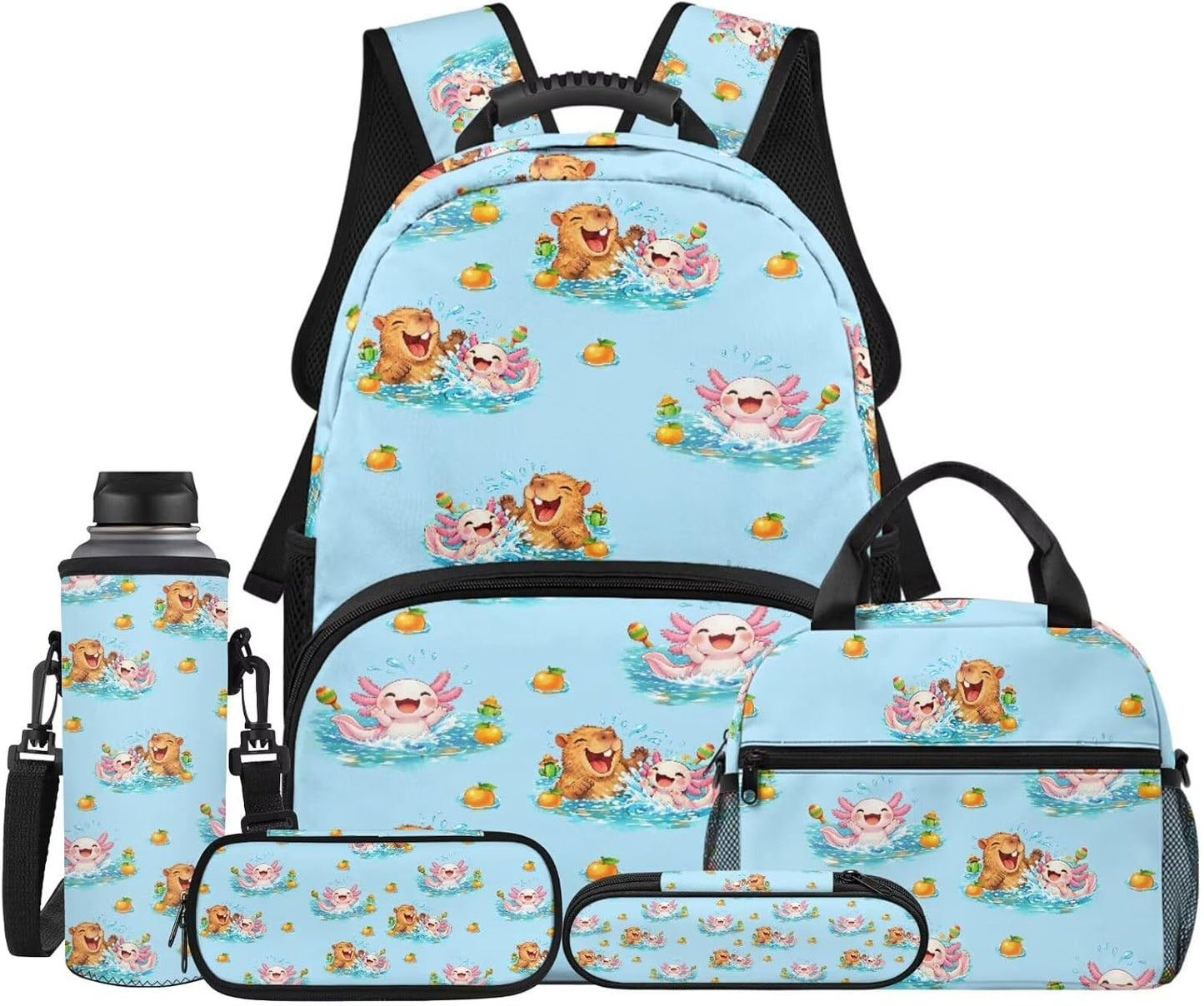 Cute Capybara Pizza Backpack for Girls, 5 Pcs Boys School Bag Set for Kids, 17 Inch Backpacks Lunch Pencil Box Reusable Utensils Case Set for Middle Elementary School, 3rd Grade Backpack