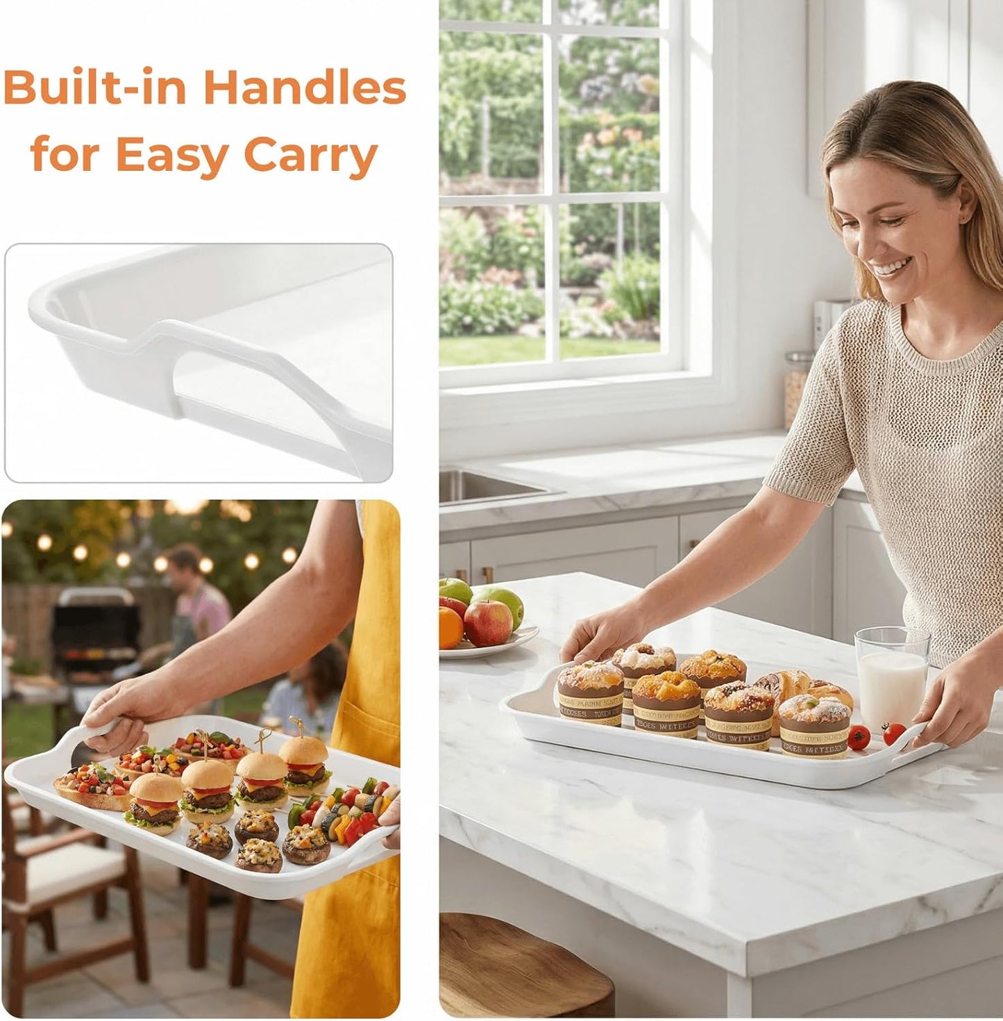 YOUEON 3 Pack White Large Melamine Serving Tray with Handles, 17"x 12" Rectangular Serving Platter Set, Food Serving Trays for Party, Entertaining, Appetizer, Buffet