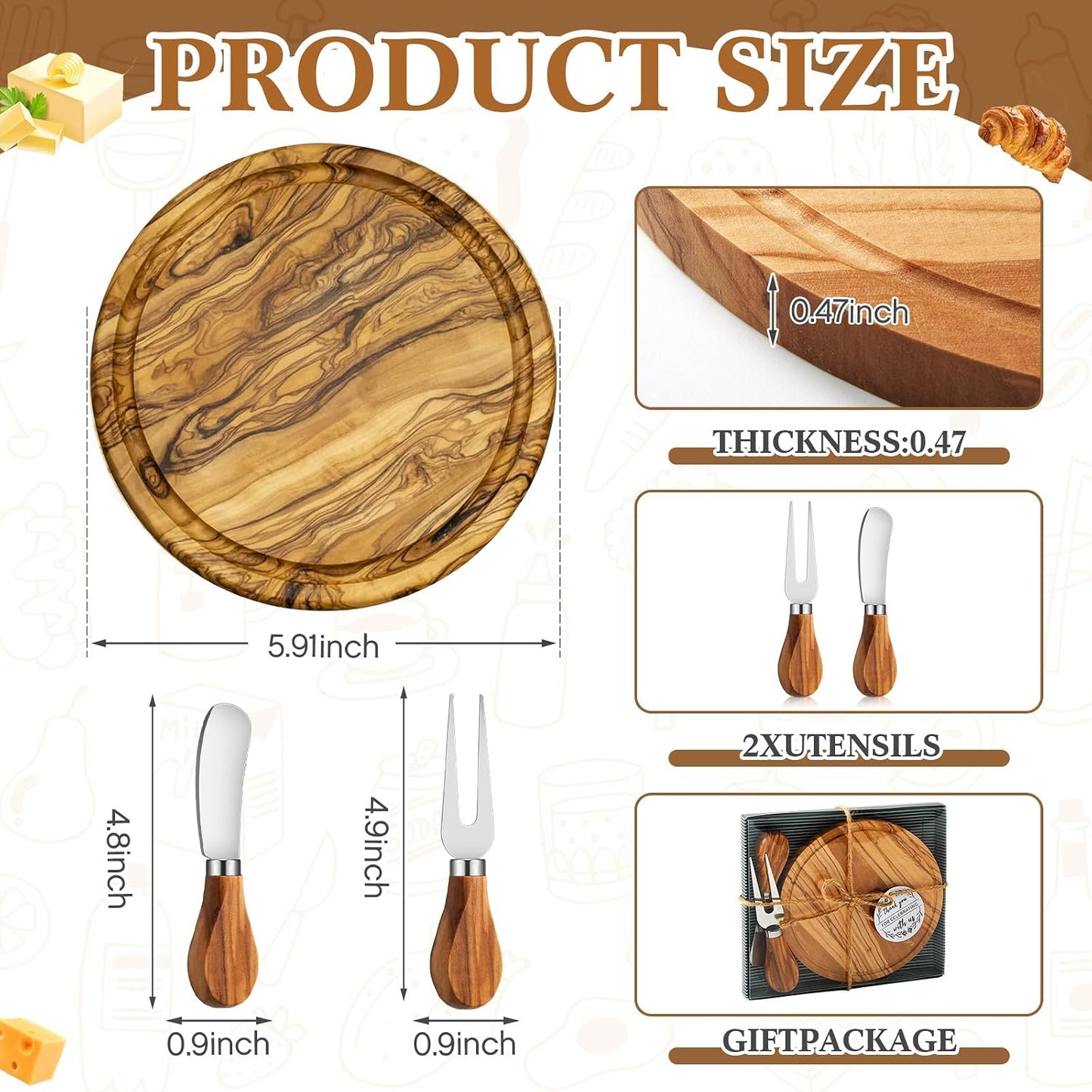 Maxcheck 6 Sets Baby Shower Bridal Game Prizes for Winners Round Cheese Board Set Wood Mini Charcuterie Board with Knives and Forks Thank You Card with Gift Box for Guests Wedding (Bamboo)