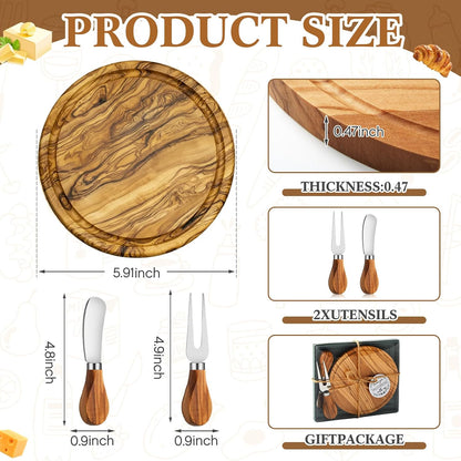 Maxcheck 6 Sets Baby Shower Bridal Game Prizes for Winners Round Cheese Board Set Wood Mini Charcuterie Board with Knives and Forks Thank You Card with Gift Box for Guests Wedding (Bamboo)