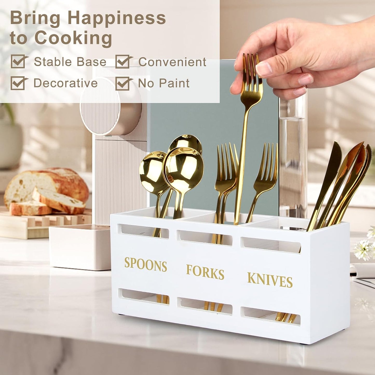 Wooden Silverware Cutlery Holder White Flatware Caddy Small Kitchen Utensil Holders for Party Wood Silverware Organizer Storage for Table Countertop Spoon and Fork Holder Utensils Caddy Basket