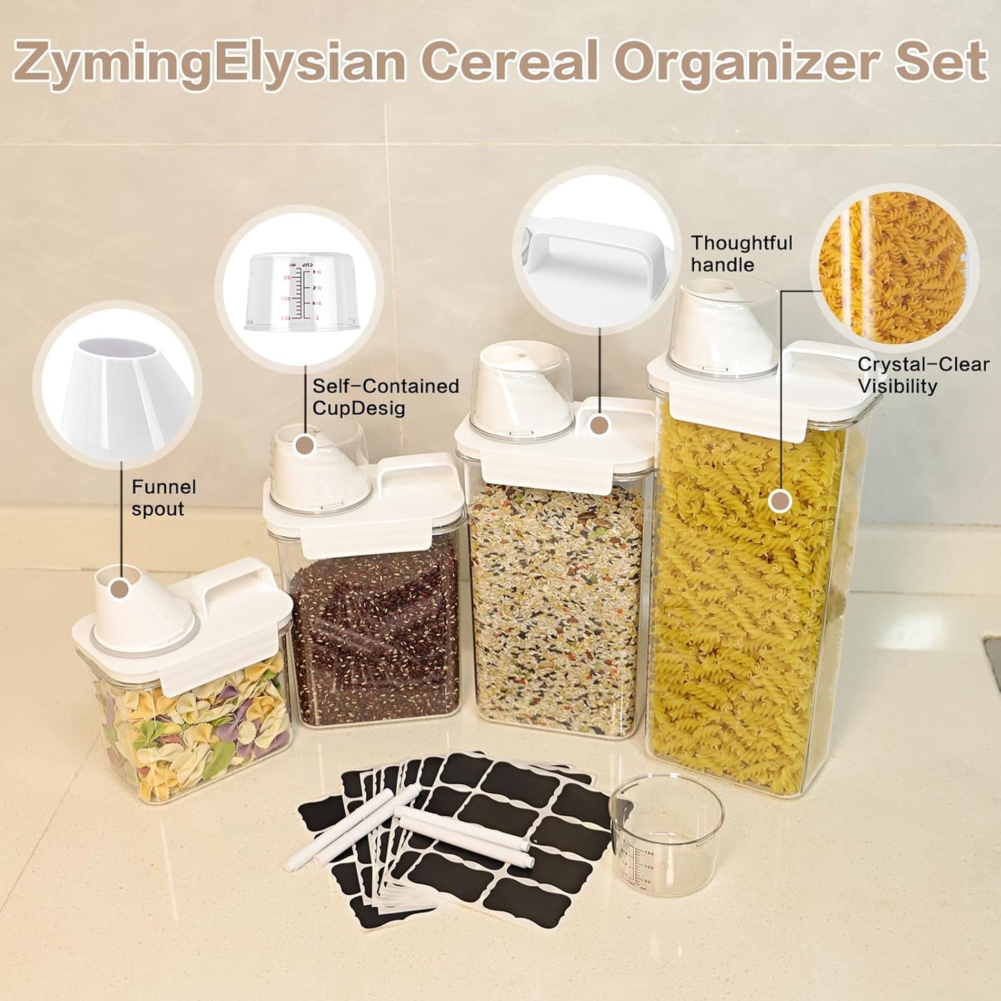 Air Tight Cereal Container Organizer Set of 6 - 1800ML & 2300ML Total 417oz, Dry Food Storage for Pet Food, Rice, Oatmeal with Pour Spout Lid and Plastic Small Measuring Cup for Flour and Sugar
