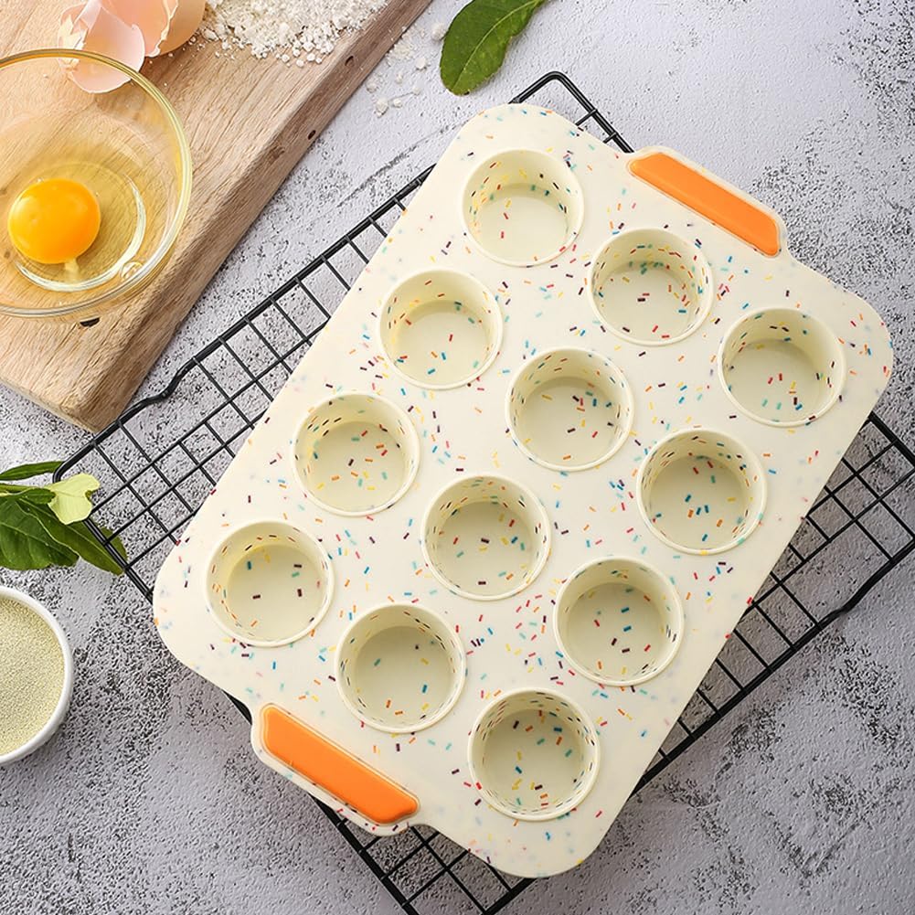 12 Cups Silicone Muffin Pan, Cupcake Pan with Handles, Non Stick Muffin Tray Cupcake Baking Pan for Oven, for Baking Cupcakes, Egg Bites, Oven and Dishwasher Safe(COLOR:as shown)