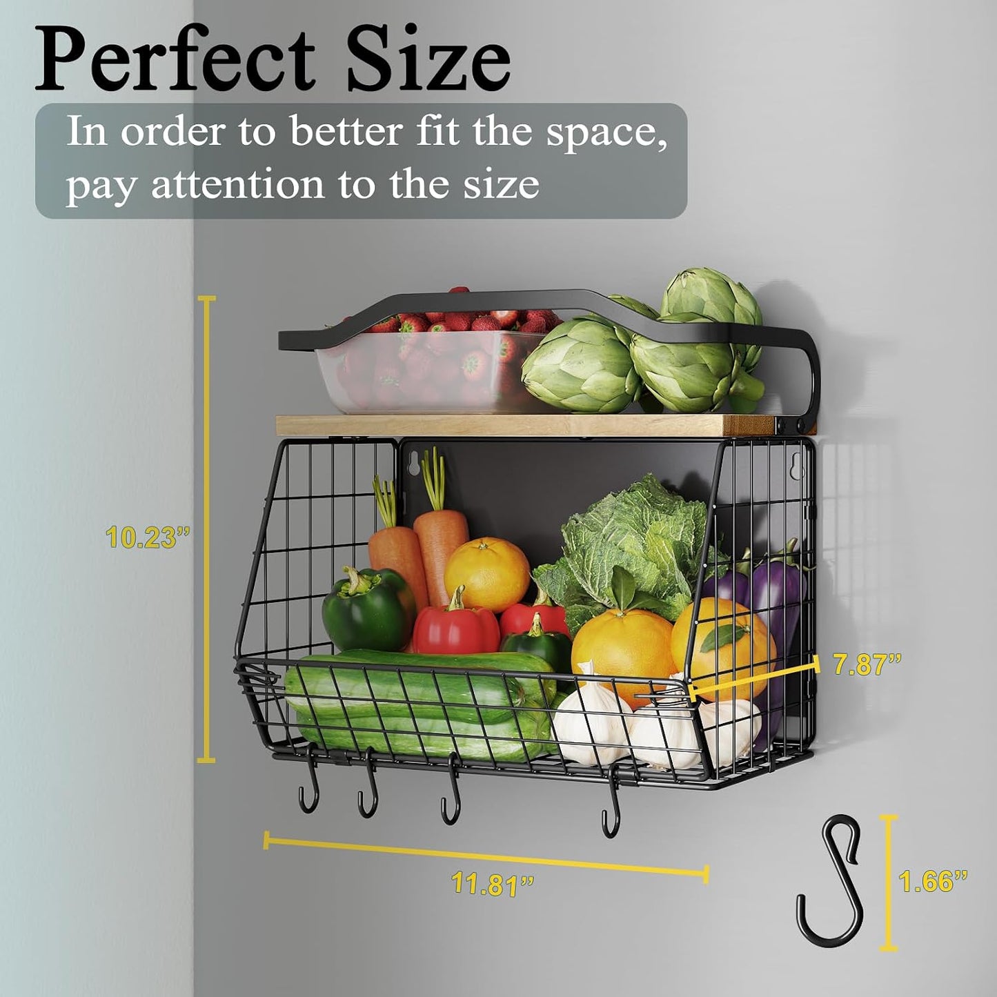 Mefirt Fruit Basket, 2-Tier Fruit Bowl for Kitchen Counter, Stackable Wall Mounted Fruit Storage, Snack Organizer, Potato and Onion Storage Basket, Hanging Pantry Storage with Wood Lid, 2 Set, White