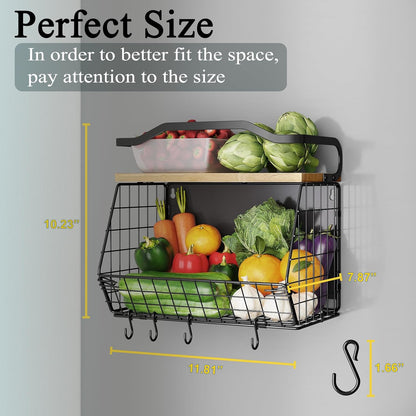 Mefirt Fruit Basket, 2-Tier Fruit Bowl for Kitchen Counter, Stackable Wall Mounted Fruit Storage, Snack Organizer, Potato and Onion Storage Basket, Hanging Pantry Storage with Wood Lid, 2 Set, White
