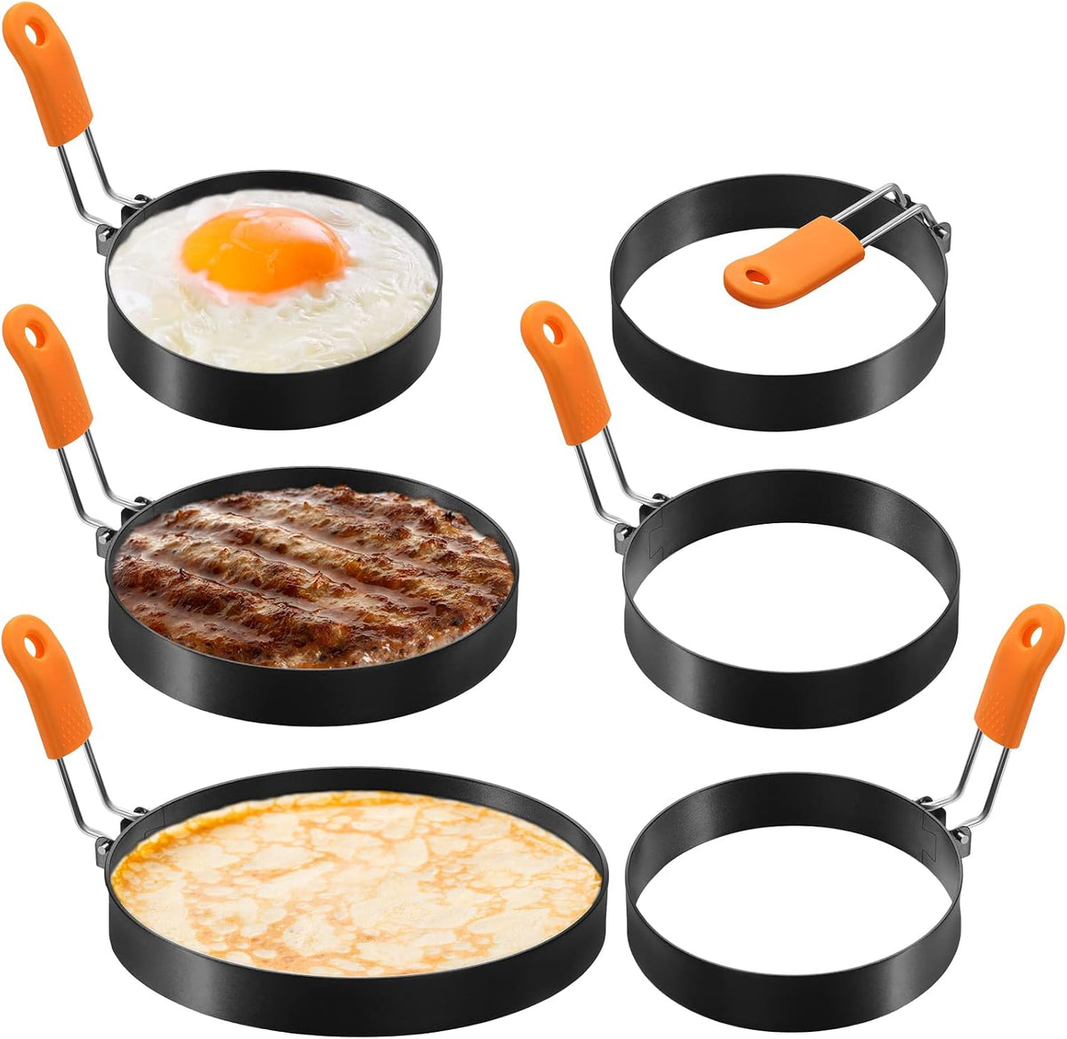 Patelai 6 Pcs Egg Rings Griddle Pancake Molds, Round Style, 4, 6, 8 Inch