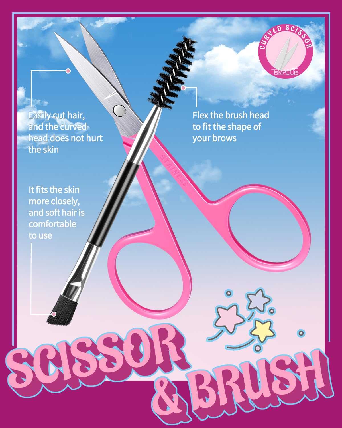 TsMADDTs Eyebrow Tweezers Set and Curved Scissor, Professional Stainless Steel Tweezers for Women and Men, Splinter and Ingrown Hair Removal