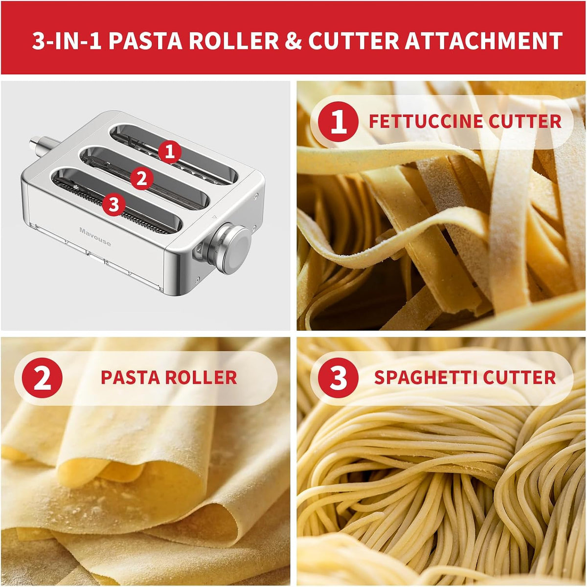 All Metal Pasta Attachment 3 In 1 Set For Kitchenaid Stand Mixer, Included Pasta Sheet Roller, Spaghetti Cutter, Fettuccine Cutter Maker Accessories And Cleaning Brush
