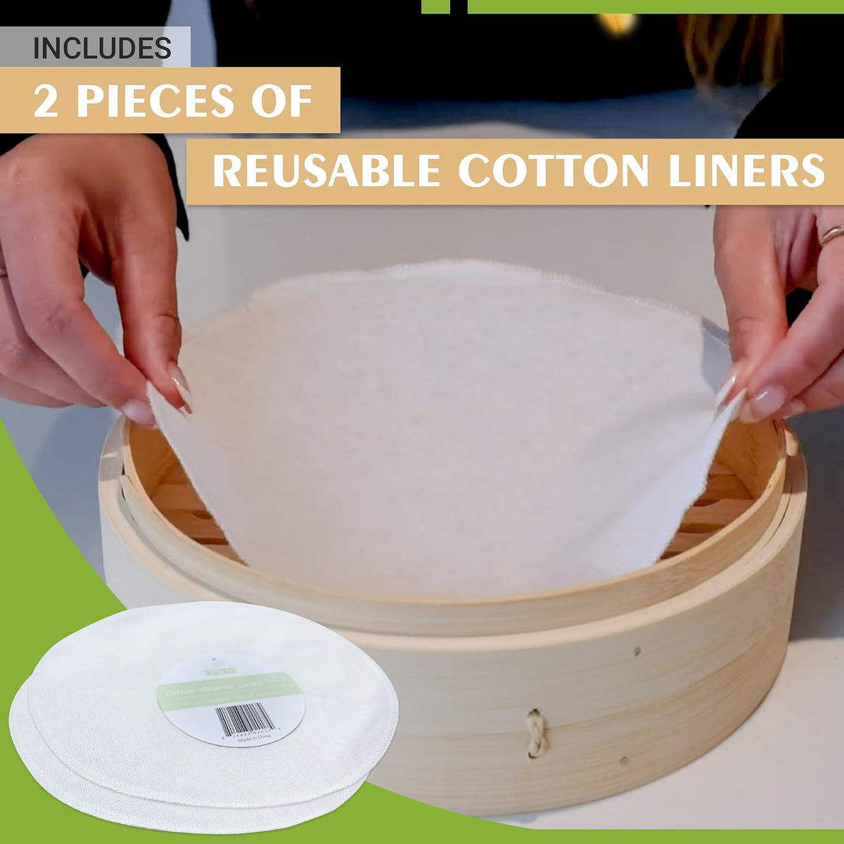 Zoie + Chloe Bamboo Steamer Basket - 2-Tier Dumpling Steamer for Cooking with 2 Reusable Cotton Liners for Bao, Dim Sum, Veggies, Asian Steamed Buns -Stackable, Space-Efficient - 8-Inch Steam Basket