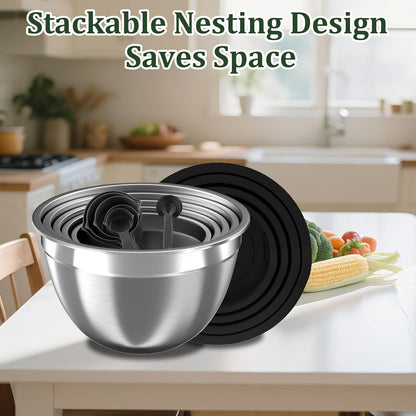 Mixing Bowls with Lids Set, 16PCS Stainless Steel Mixing Bowls,Nesting Storage Bowls for Kitchen with Mixing Bowls Set, Colander, Strainer & Grater , Metal Salad Bowl for Kitchen Gadgets , Cream