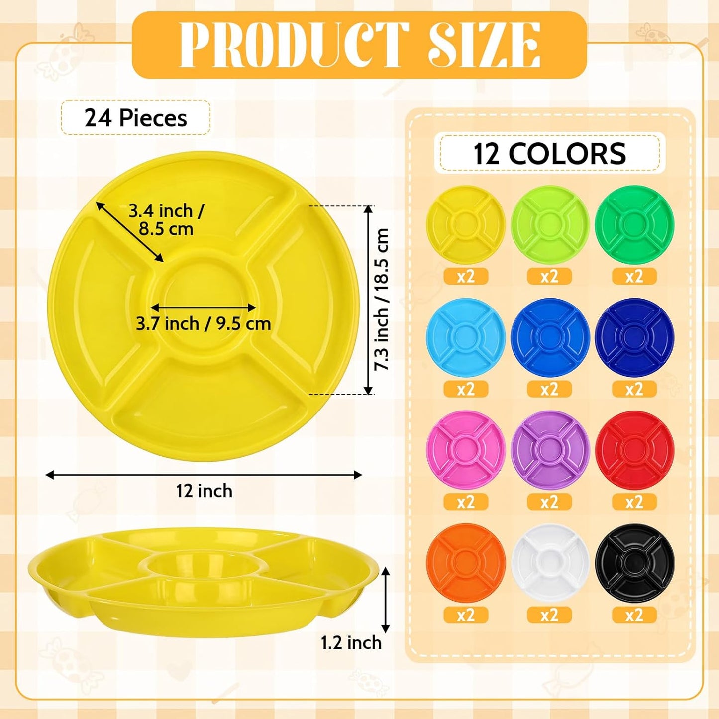 24 Pcs 5 Sectional Plastic Divided Serving Trays Bulk 12 Inch Round Chip and Dip Plates Fruit Veggie Appetizer Platter Snack Tray for Holiday Party Family Gathering(Black)