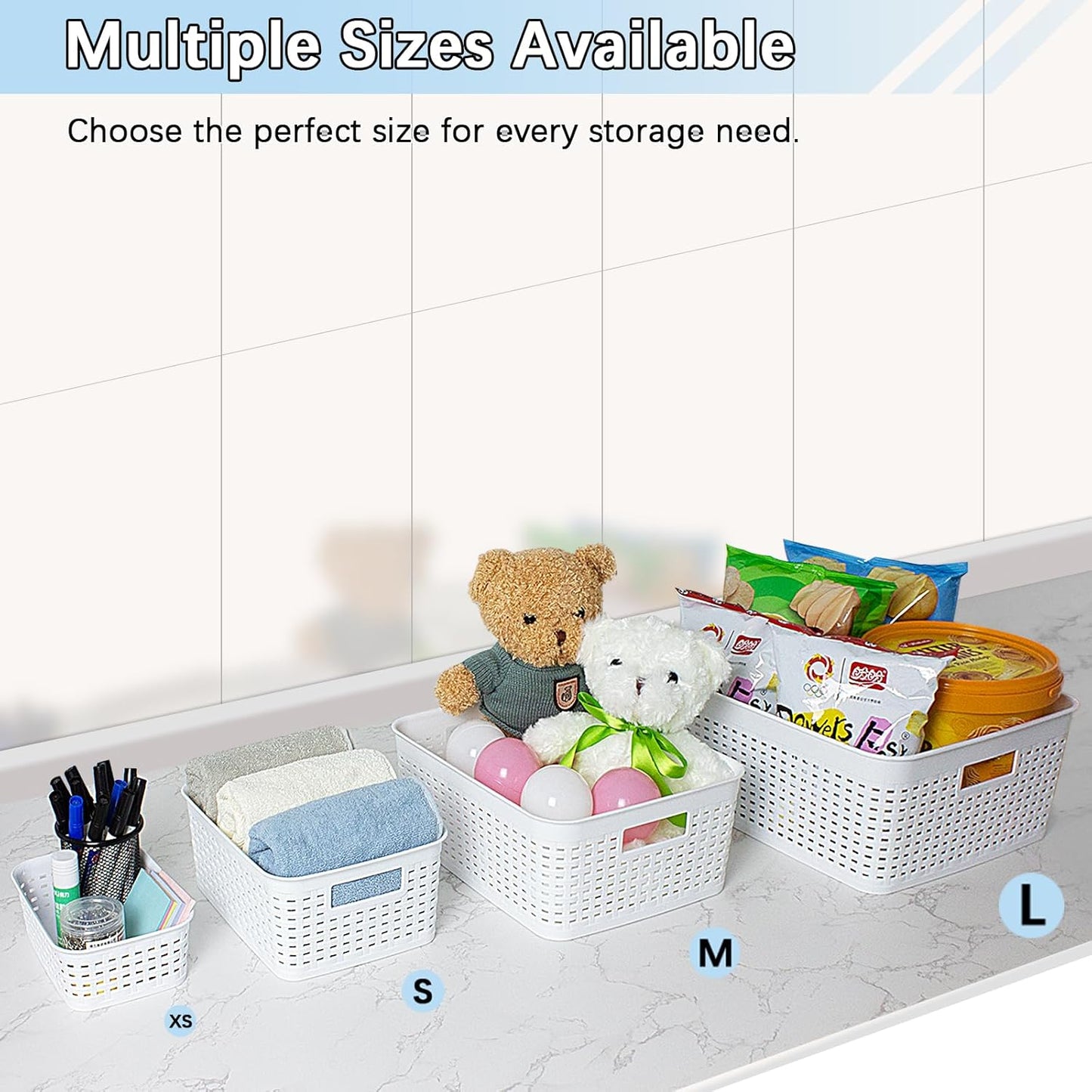 Soddeph Plastic Storage Baskets for Cabinets, Household Pantry Organization with Handle,Organizer Bins for Room,Bathrooms,Under-Sink,Kitchen (White, L-3PACK)